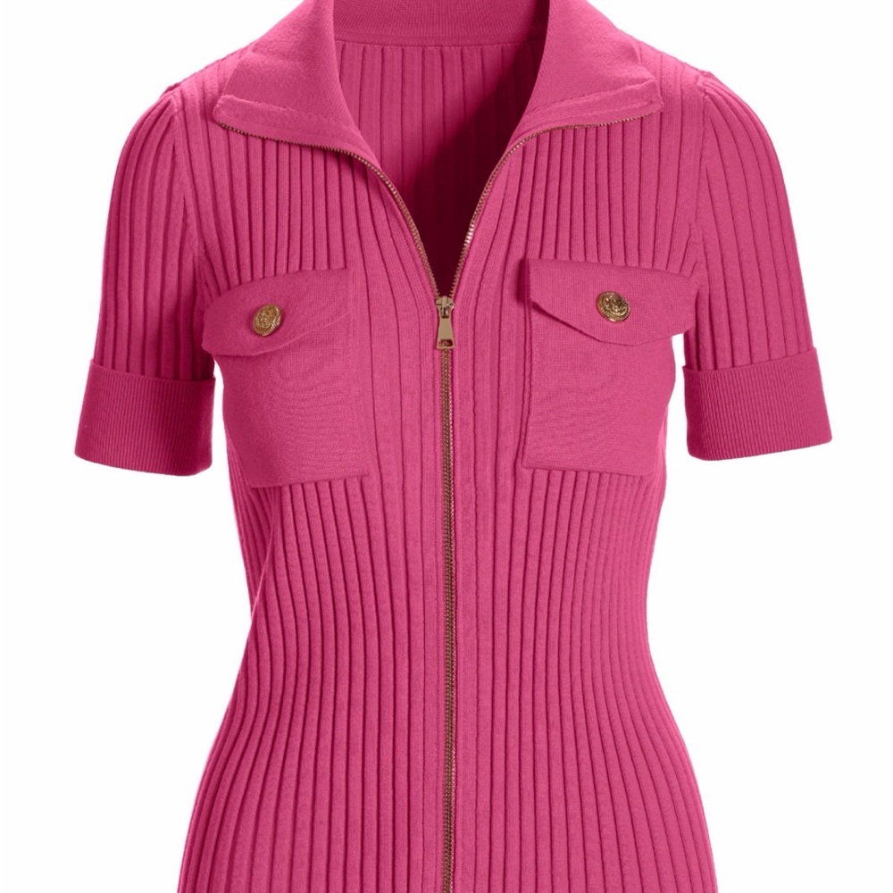 Boston Proper Fuchsia Ribbed Zip Front Short Sleeve Sweater